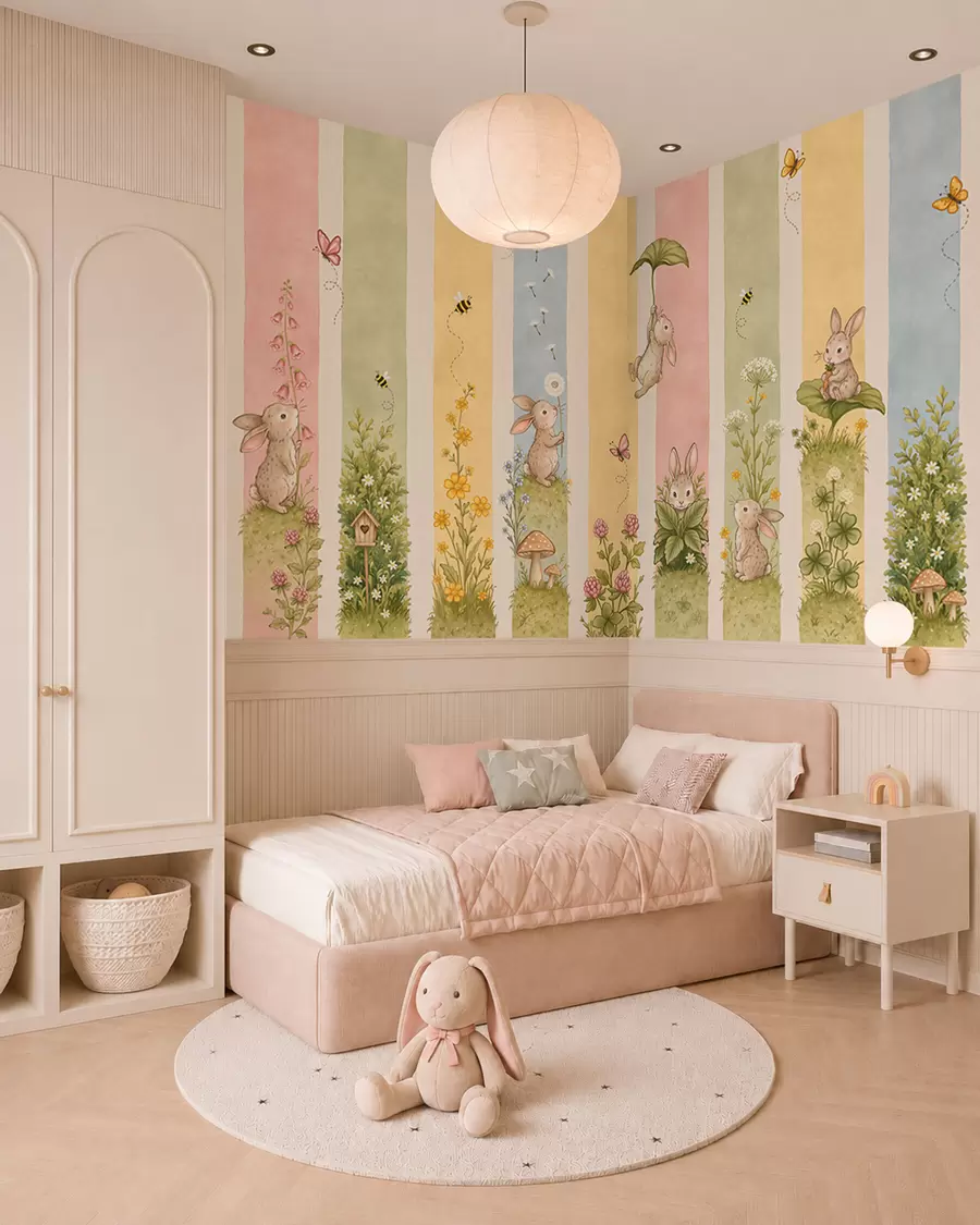 Fotobehang Pastelkleurige strepen met konijntjes, bloemen, vlinders en bijen w05730