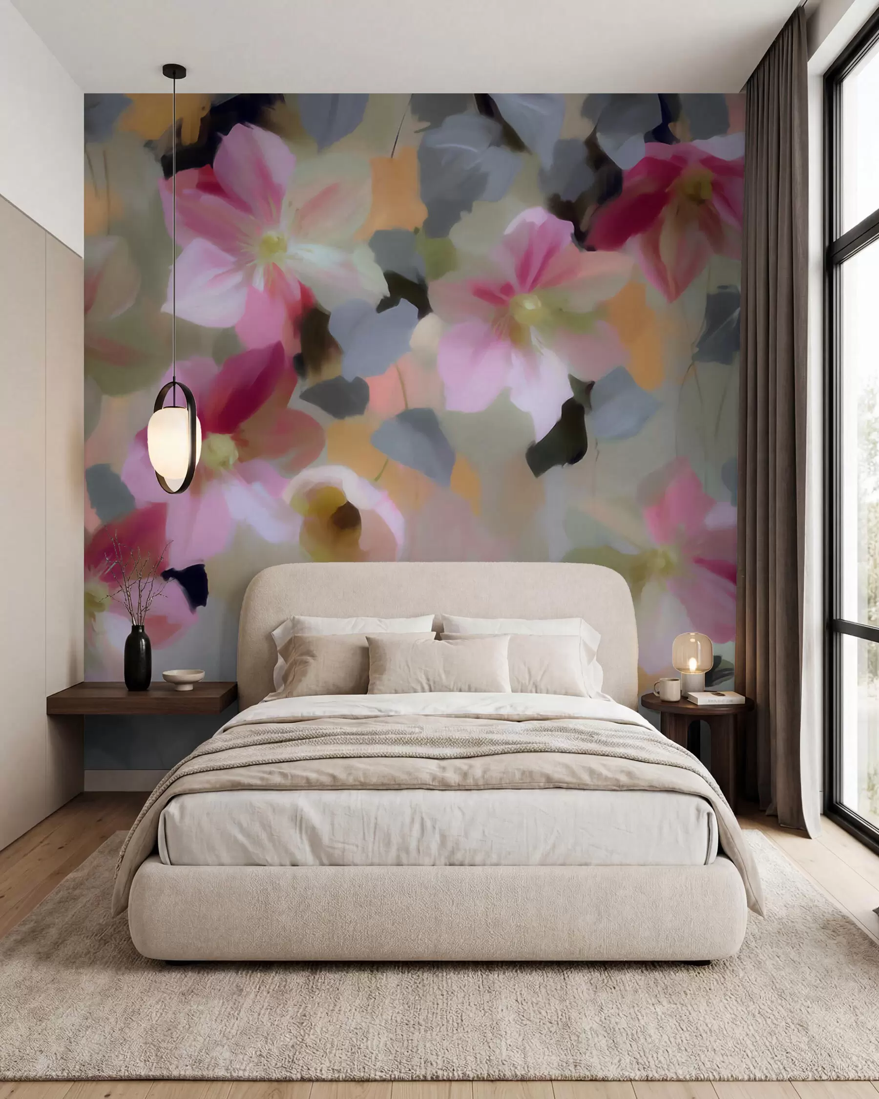 Fotobehang Een heldere en luchtige compositie met hangende bloemen in aquarelstijl w09931