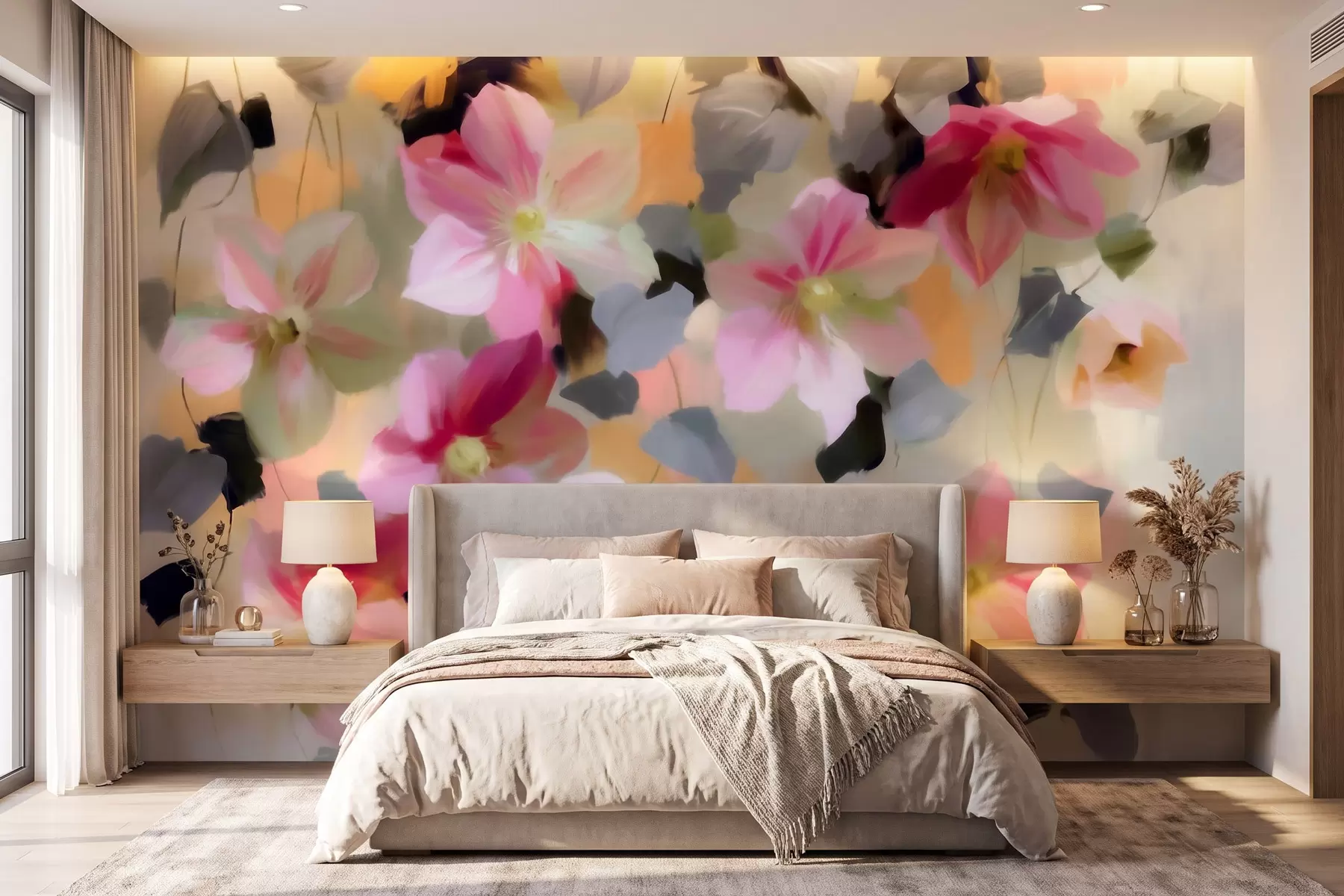 Fotobehang Een heldere en luchtige compositie met hangende bloemen in aquarelstijl w09931