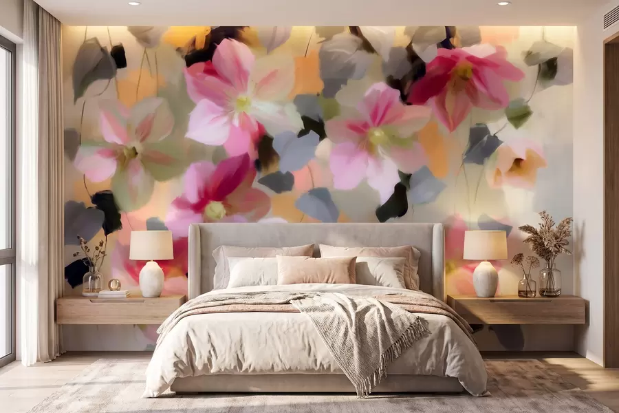 Fotobehang Een heldere en luchtige compositie met hangende bloemen in aquarelstijl w09931