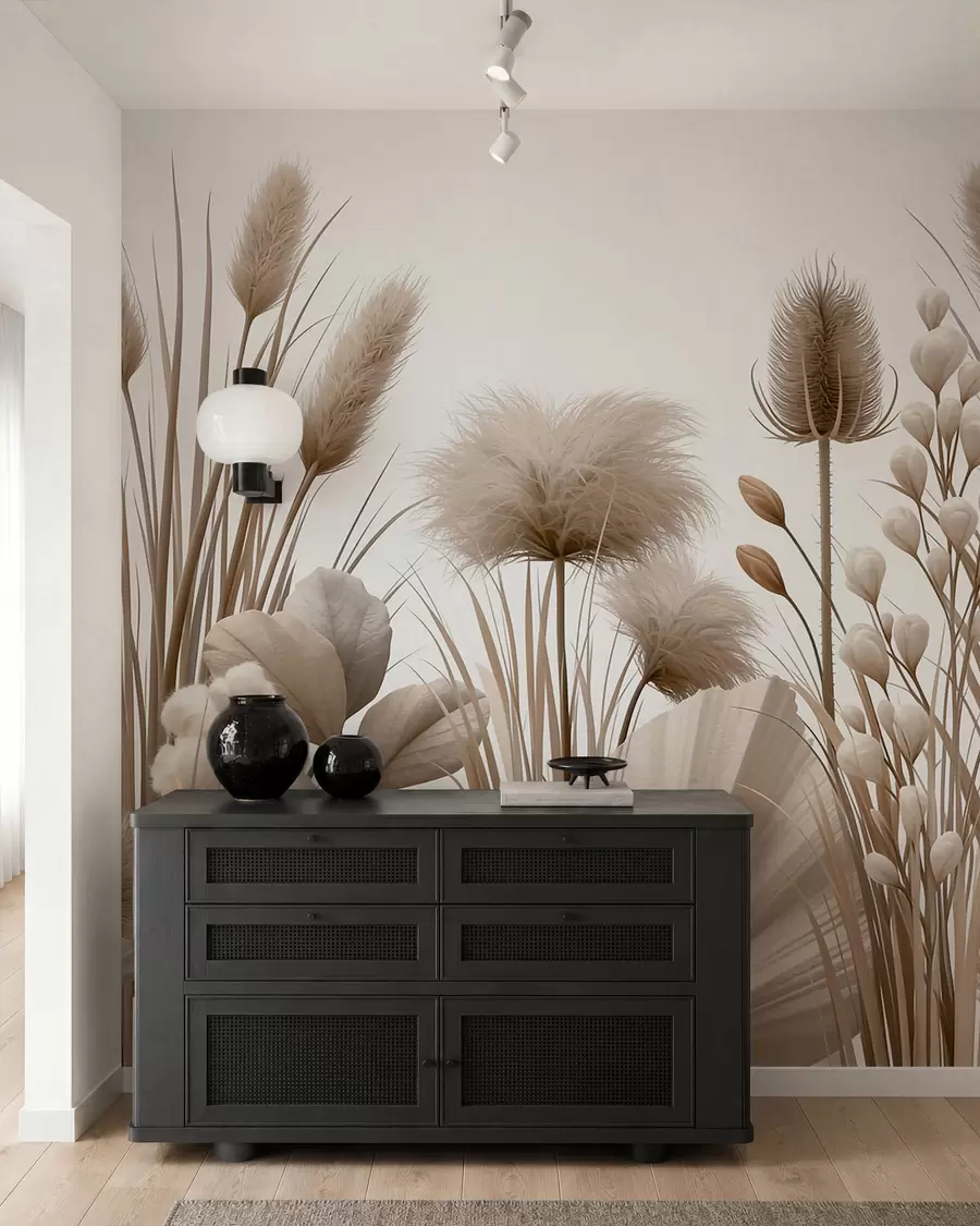 Fotobehang Hoge beige droogbloemen in neutrale beige tinten w09932
