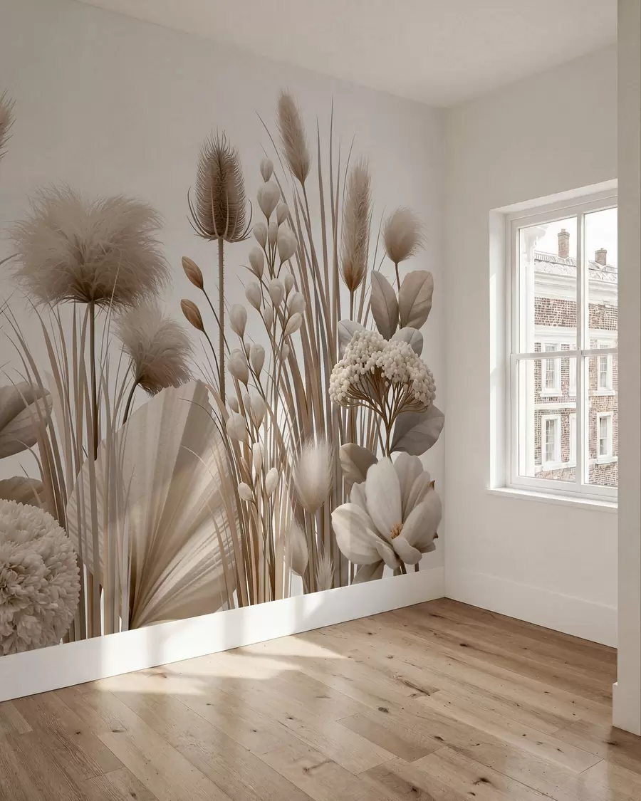 Fotobehang Hoge beige droogbloemen in neutrale beige tinten w09932