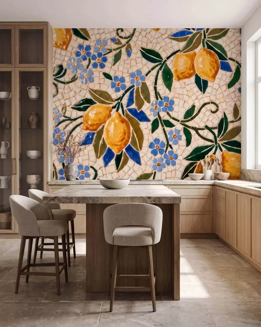 Fotobehang Een vrolijke decoratieve compositie in de stijl van een keramisch mozaïek, met sappige citroenen, bloemen, bladeren en takken w09948