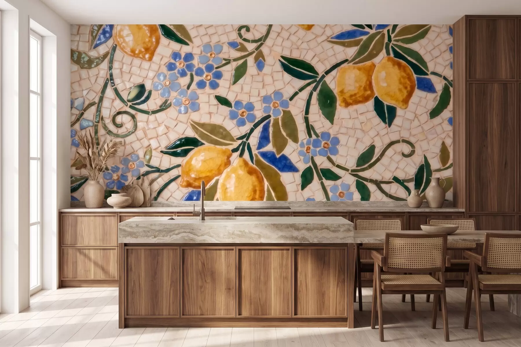 Fotobehang Een vrolijke decoratieve compositie in de stijl van een keramisch mozaïek, met sappige citroenen, bloemen, bladeren en takken w09948