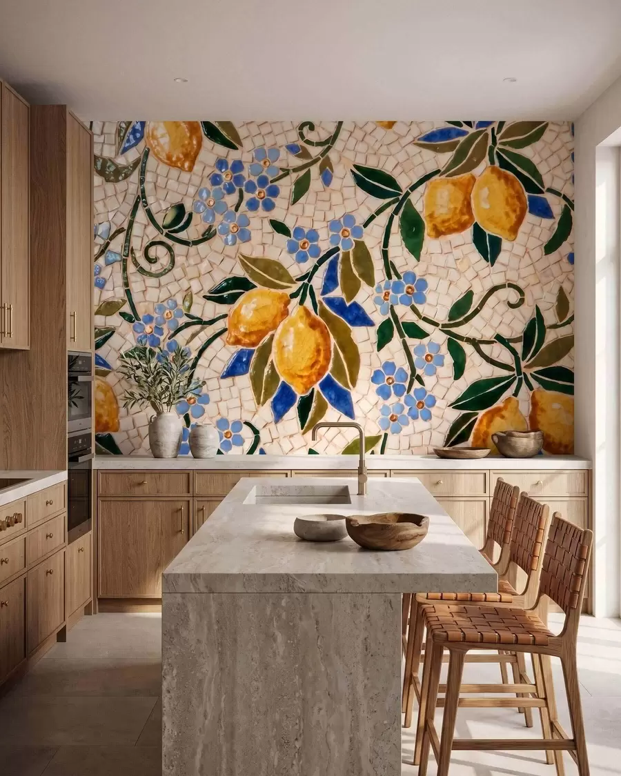 Fotobehang Een vrolijke decoratieve compositie in de stijl van een keramisch mozaïek, met sappige citroenen, bloemen, bladeren en takken w09948