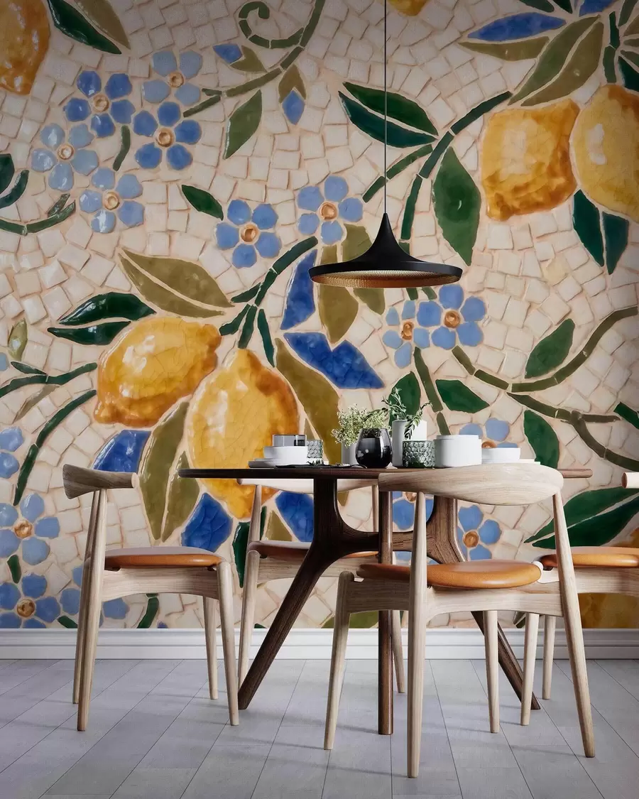 Fotobehang Een vrolijke decoratieve compositie in de stijl van een keramisch mozaïek, met sappige citroenen, bloemen, bladeren en takken w09948