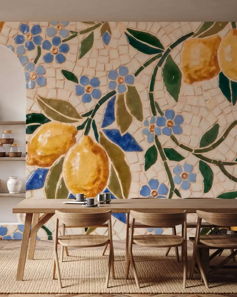 Fotobehang Een vrolijke decoratieve compositie in de stijl van een keramisch mozaïek, met sappige citroenen, bloemen, bladeren en takken w09948