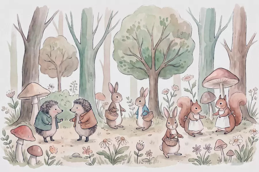 Fotobehang Sprookjesachtige bosdieren in een bos, in aquarelstijl w09951