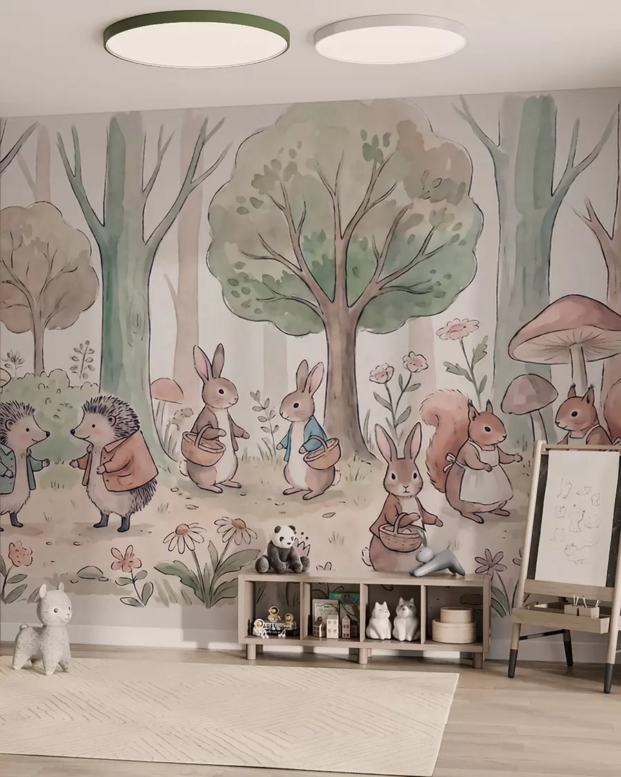 Fotobehang Sprookjesachtige bosdieren in een bos, in aquarelstijl w09951