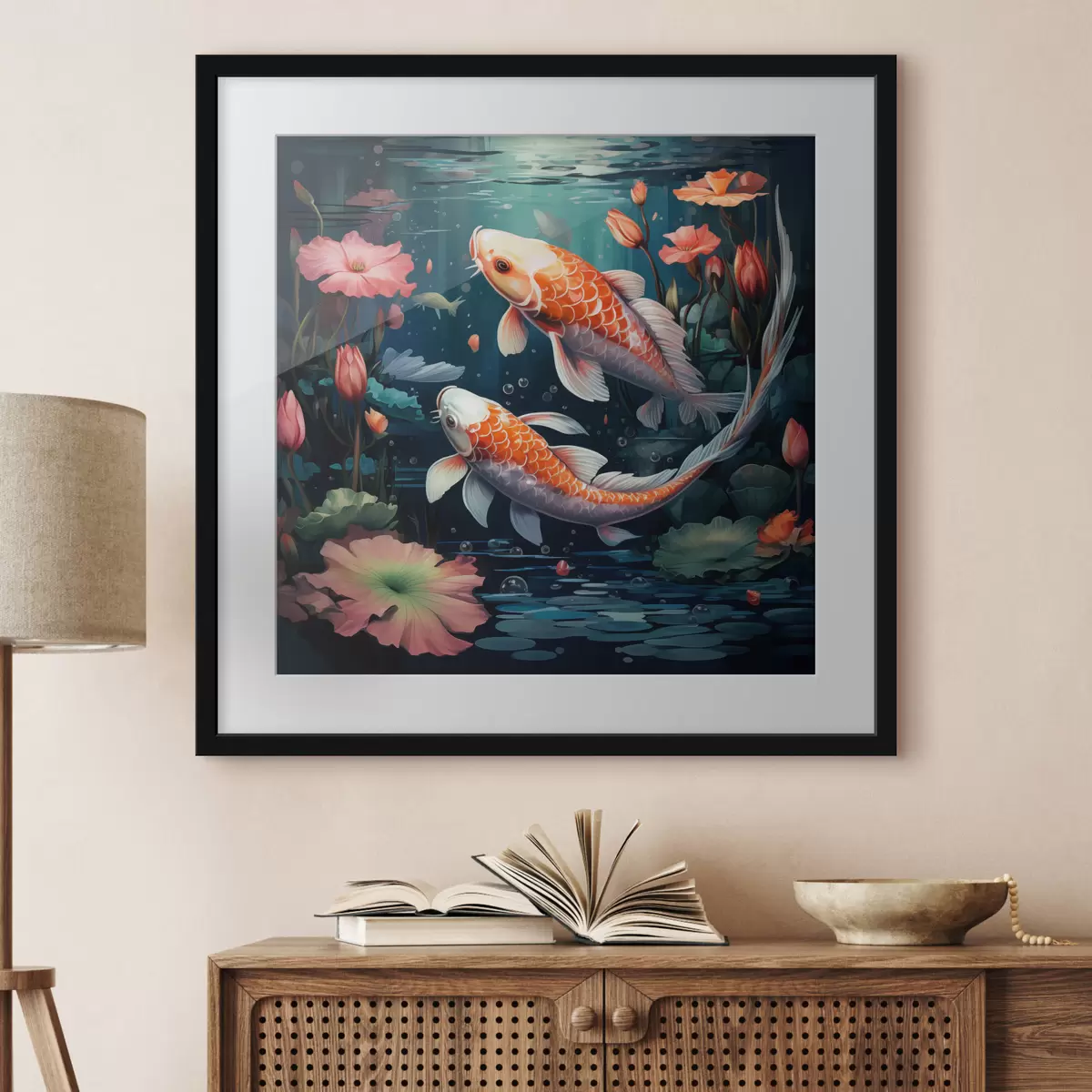 Poster Koi-karpers met lotusbloemen f50038