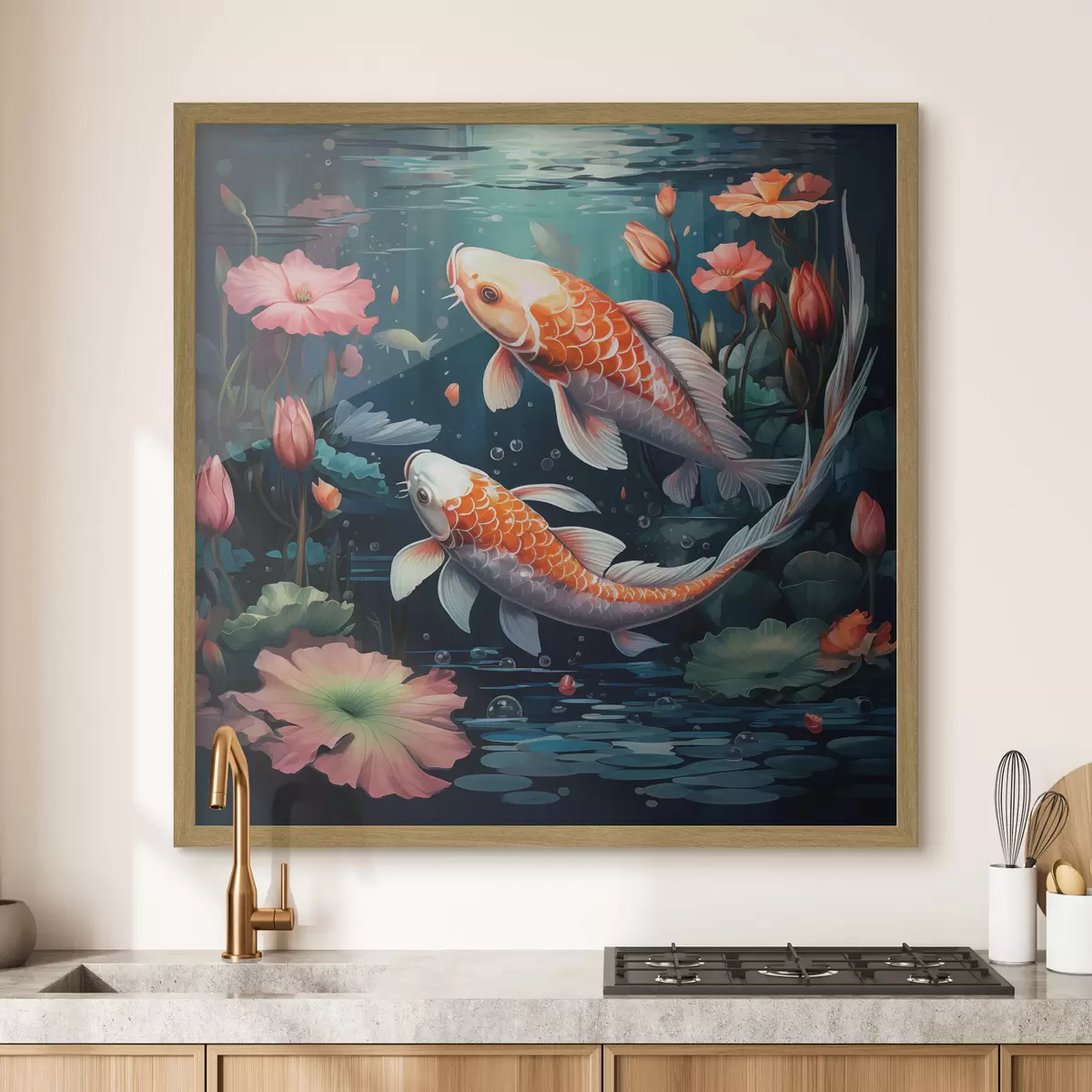 Poster Koi-karpers met lotusbloemen f50038
