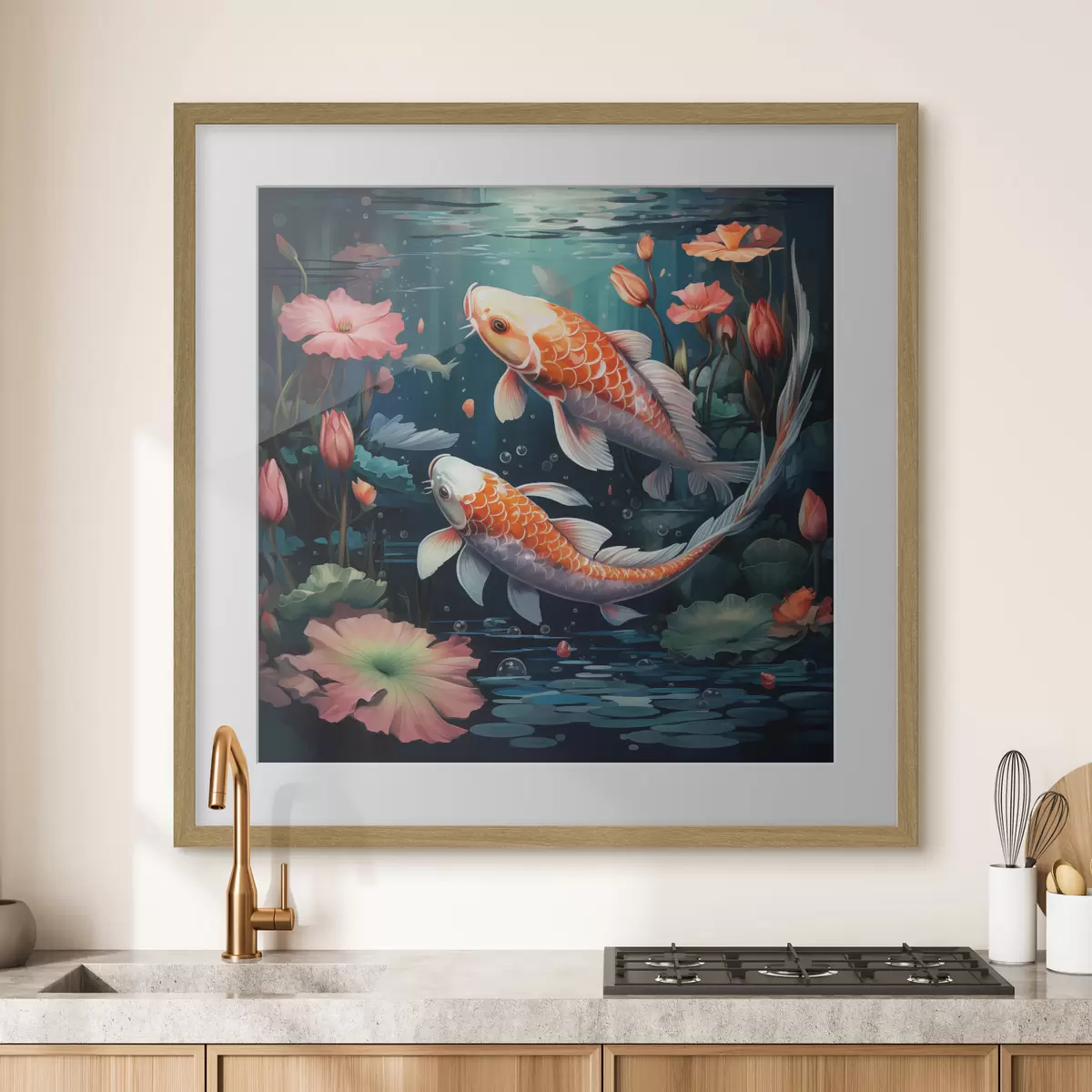 Poster Koi-karpers met lotusbloemen f50038