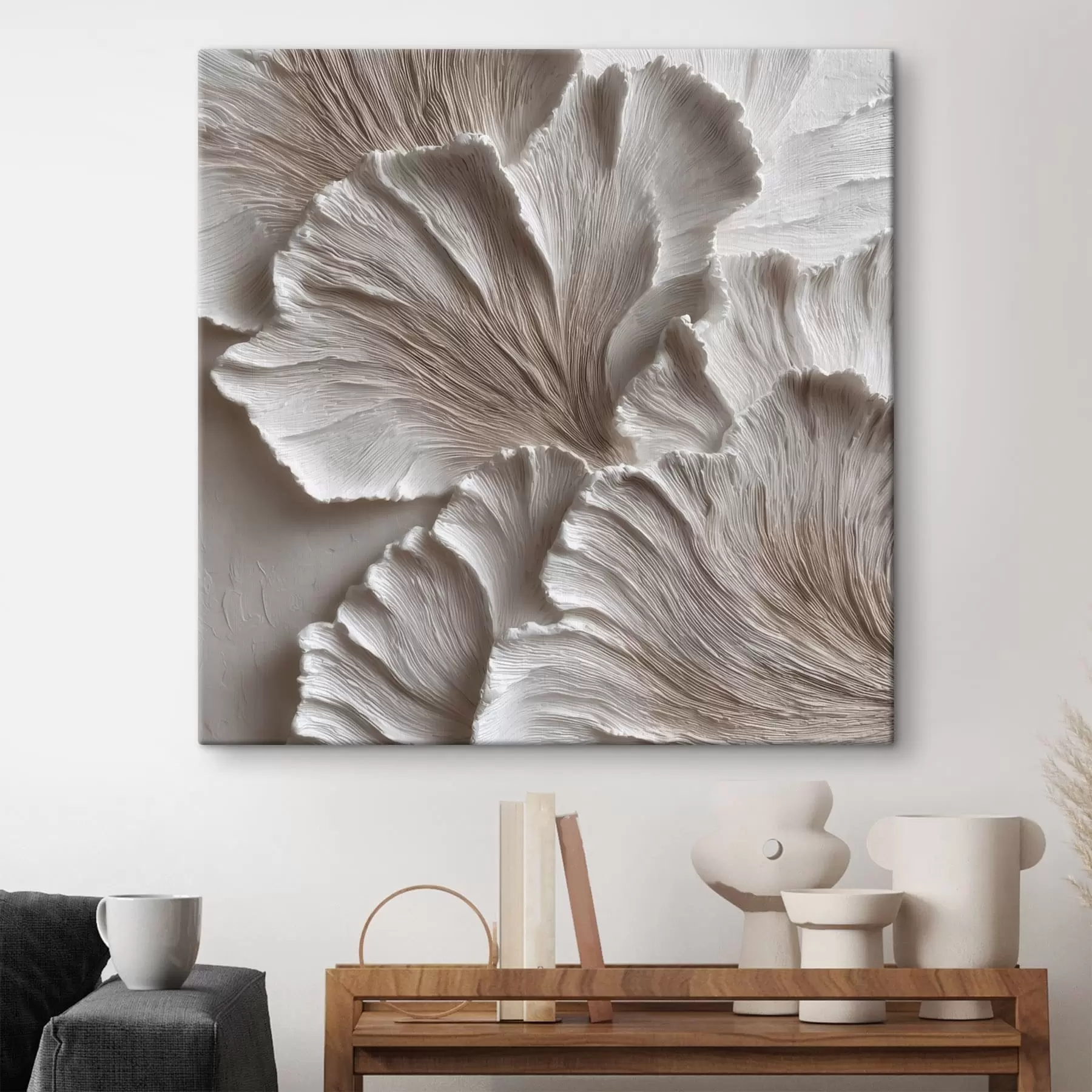 Schilderijen Compositie met ruimtelijke organische vormen in een beige en wit kleurenpalet s49708