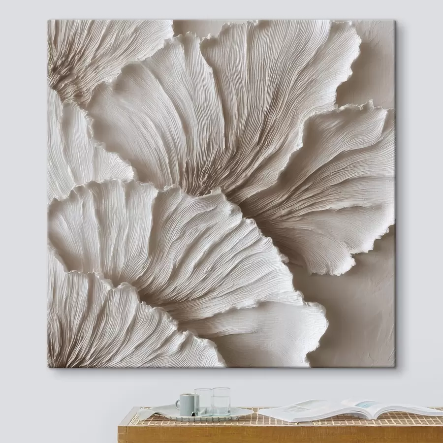  Schilderijen Getextureerde abstractie met driedimensionale, golvende bloemblaadjes in lichte tinten s49709