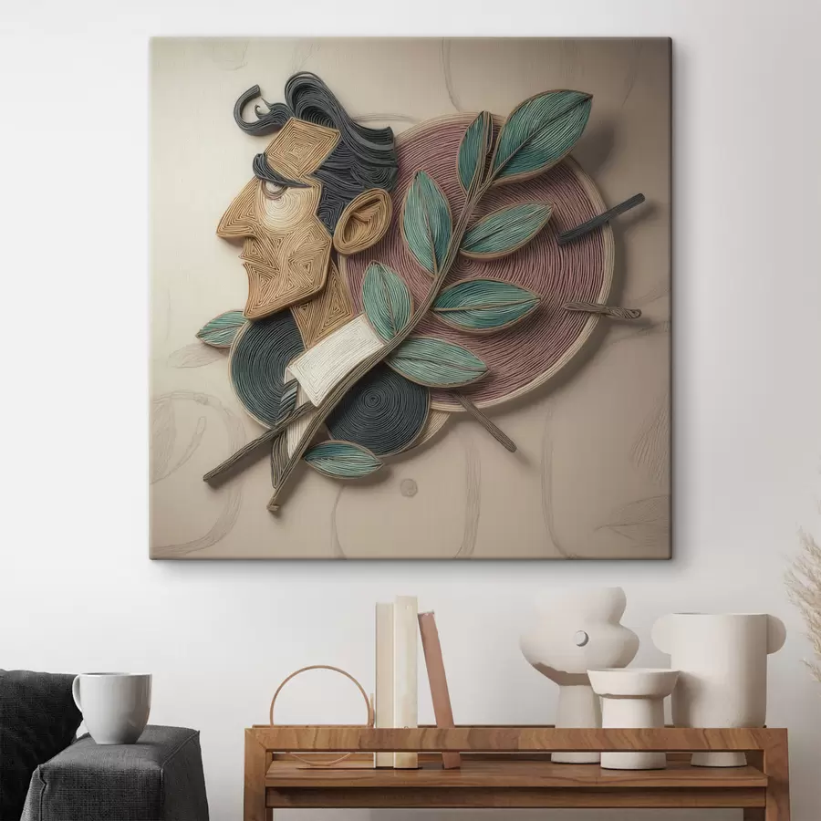  Schilderijen Abstract mannelijk portret met een bladrijke tak, uitgevoerd in een illustratiestijl met textuur s49711