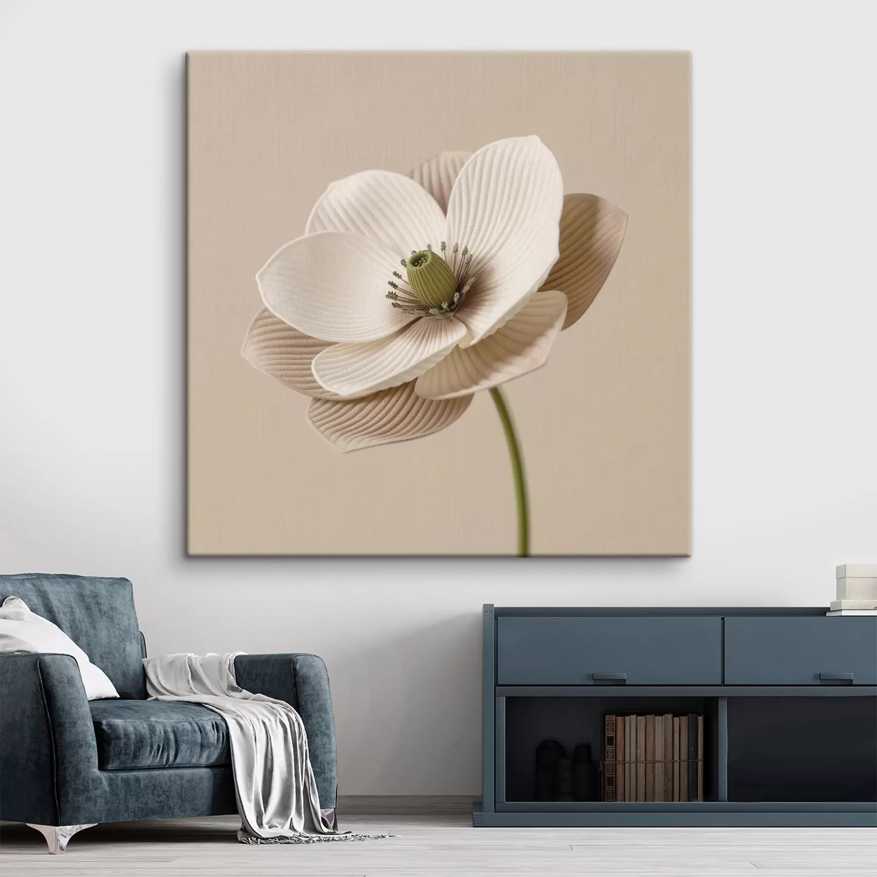  Schilderijen Bloem met gestructureerde bloemblaadjes in een beige kleurenpalet, in minimalistische stijl s49719