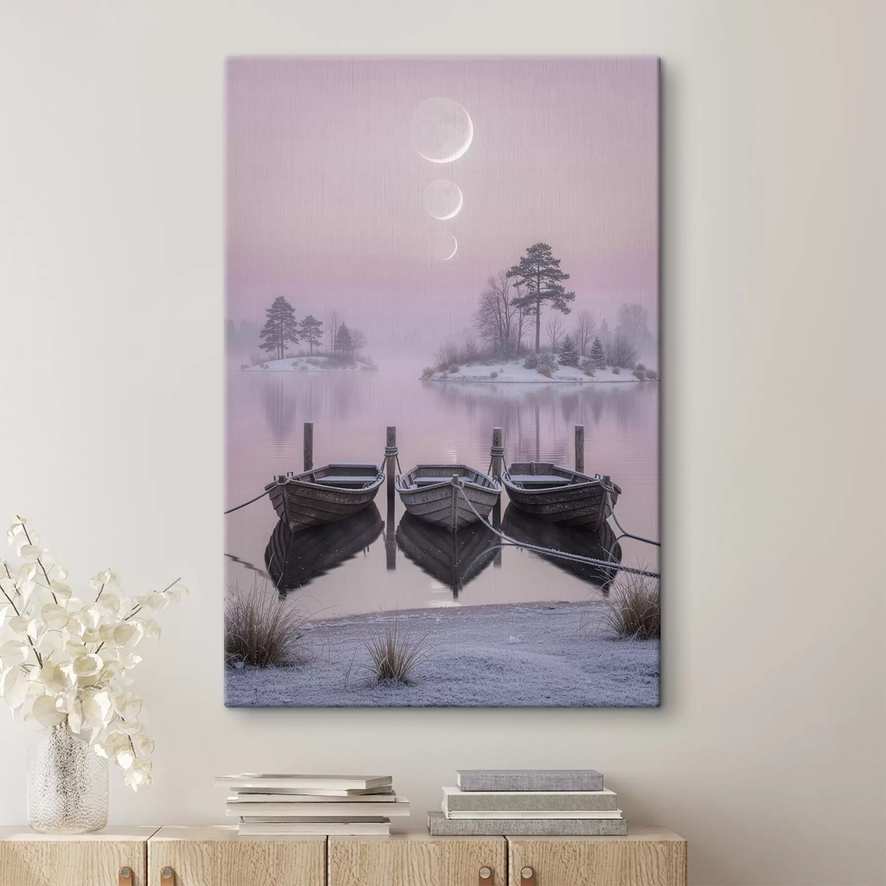  Schilderijen Landschap met een meer, boten en maanfasen in pastelstijl s49724