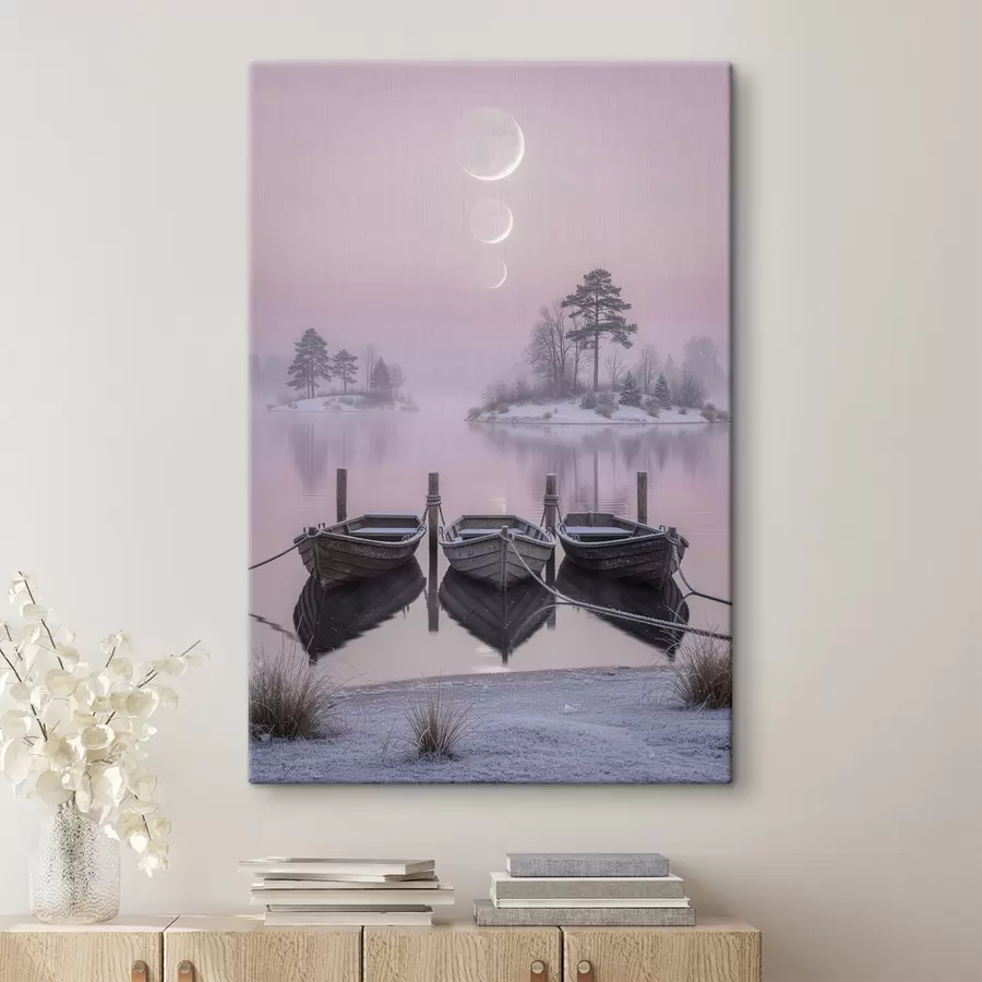  Schilderijen Landschap met een meer, boten en maanfasen in pastelstijl s49724
