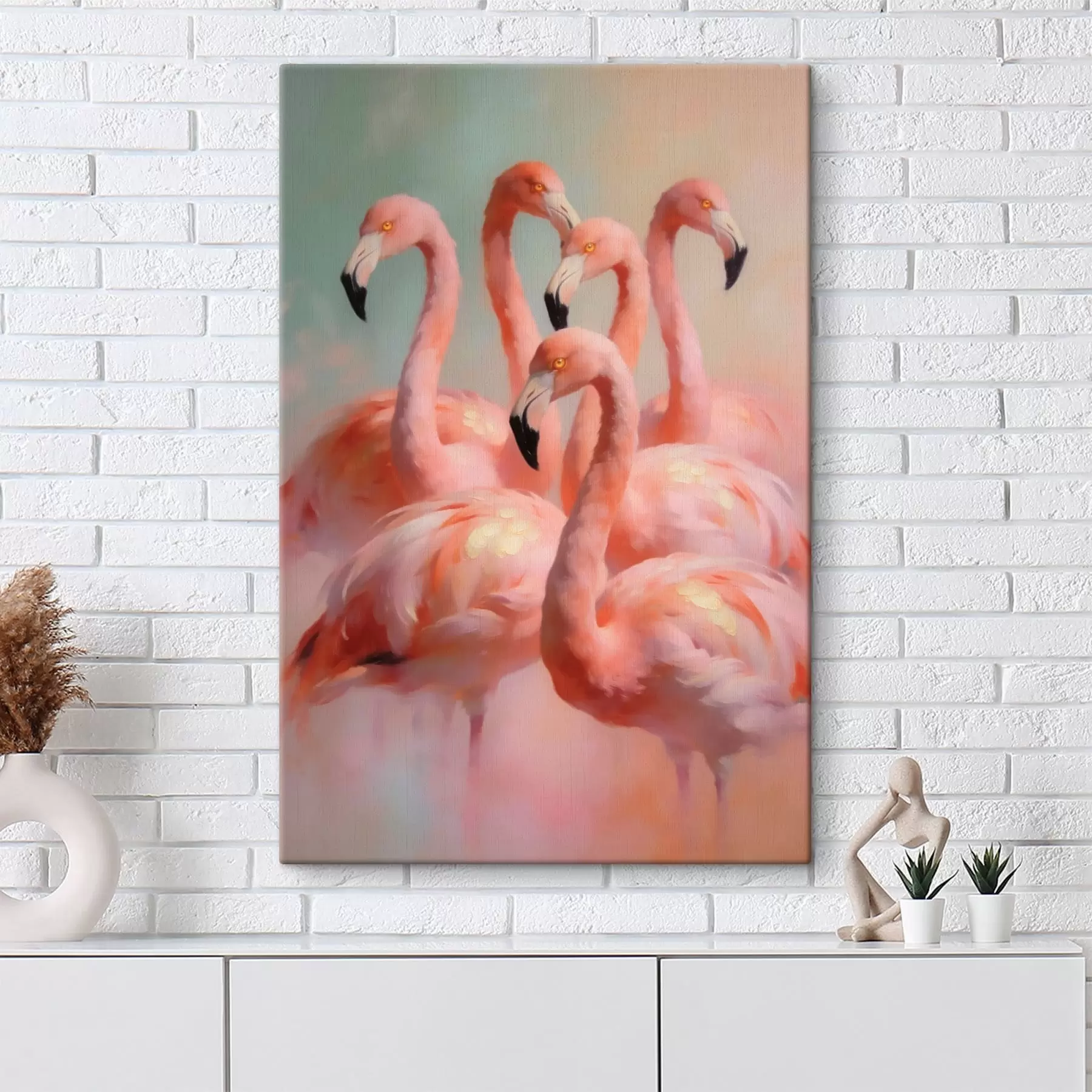  Schilderijen Roze flamingo’s in zachte pasteltinten in olieverfstijl s49726