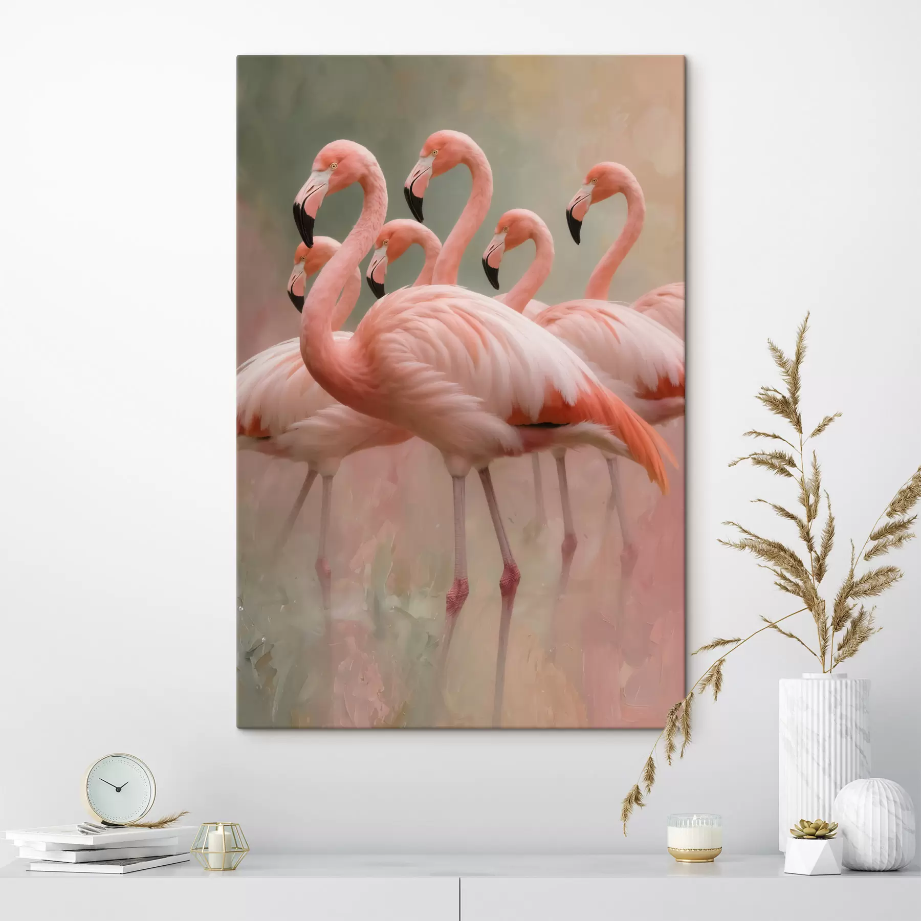  Schilderijen Decoratief portret van een zwerm flamingo’s in een eigentijdse schilderstijl s49727