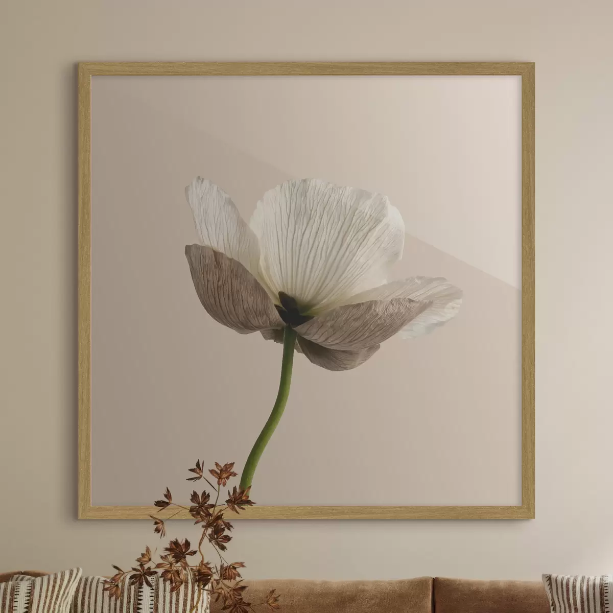 Poster Een delicate bloem met doorschijnende bloemblaadjes op een beige achtergrond in minimalistische stijl f49718