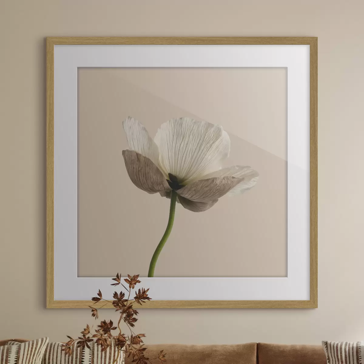 Poster Een delicate bloem met doorschijnende bloemblaadjes op een beige achtergrond in minimalistische stijl f49718