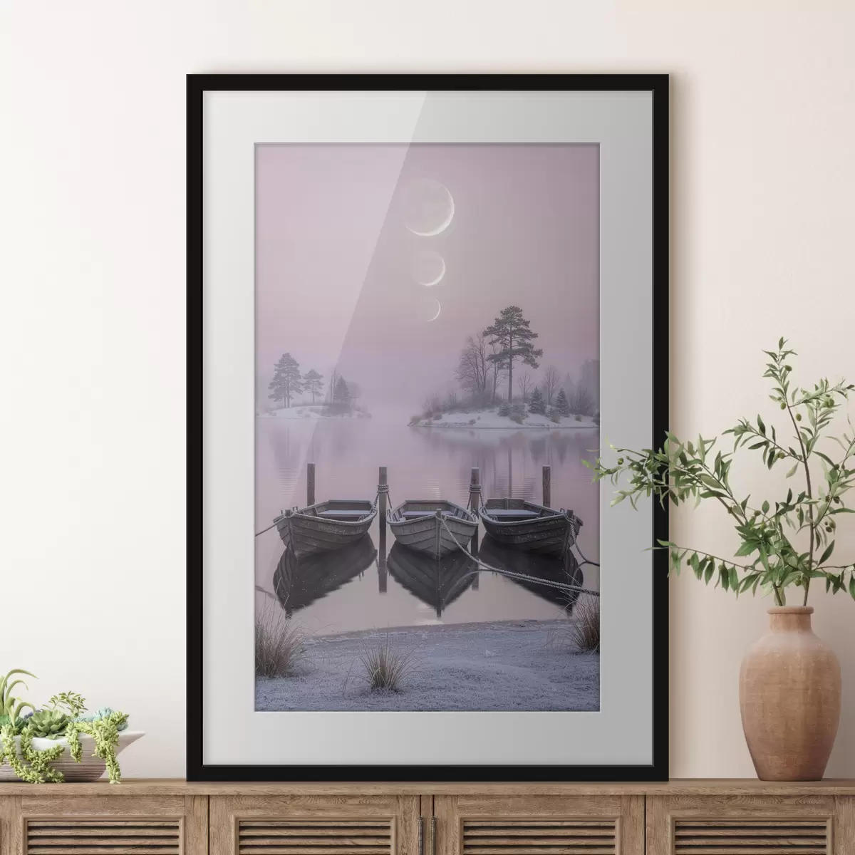 Poster Landschap met een meer, boten en maanfasen in pastelstijl f49724