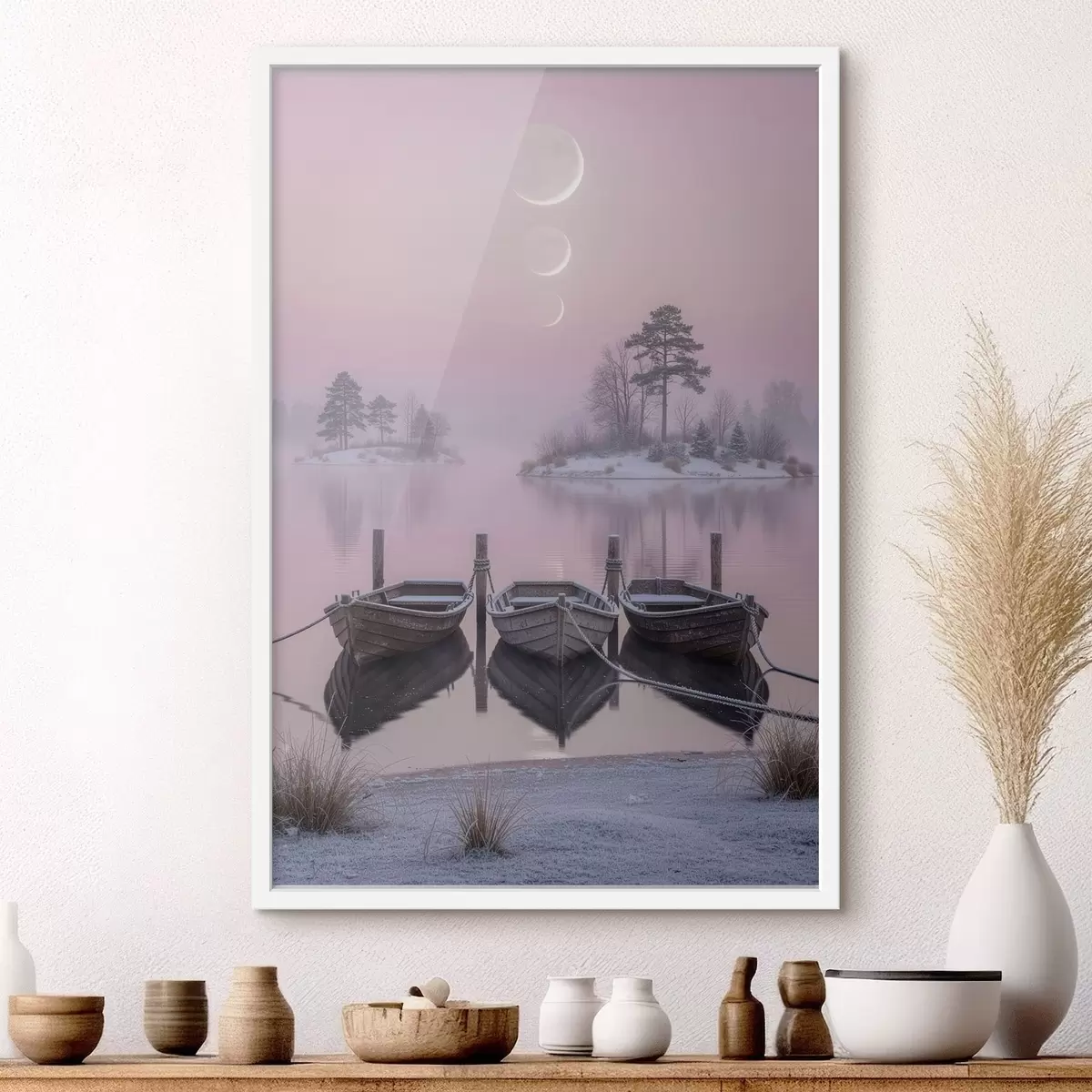 Poster Landschap met een meer, boten en maanfasen in pastelstijl f49724