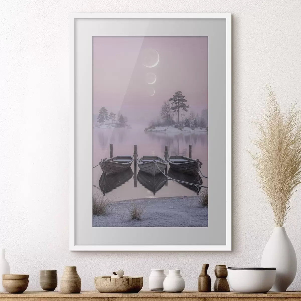 Poster Landschap met een meer, boten en maanfasen in pastelstijl f49724