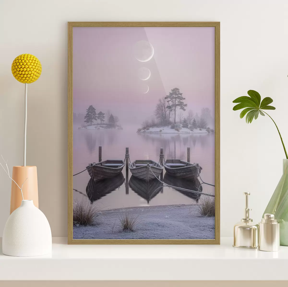 Poster Landschap met een meer, boten en maanfasen in pastelstijl f49724