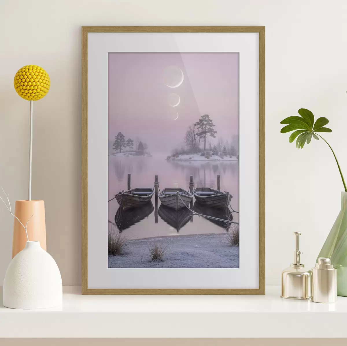 Poster Landschap met een meer, boten en maanfasen in pastelstijl f49724