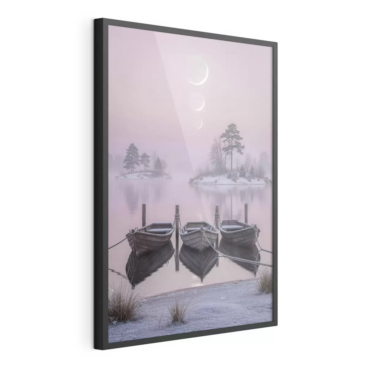 Poster Landschap met een meer, boten en maanfasen in pastelstijl f49724