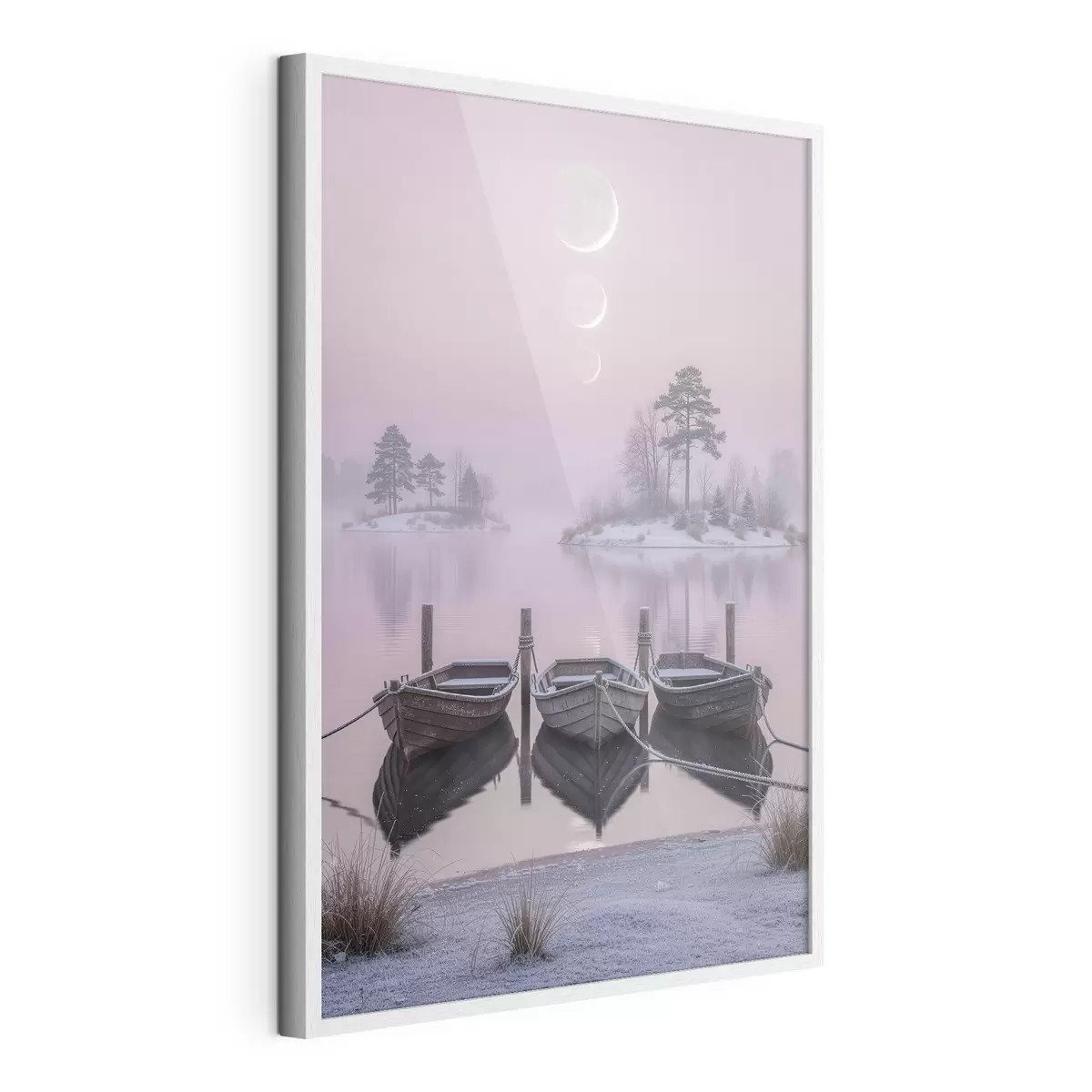 Poster Landschap met een meer, boten en maanfasen in pastelstijl f49724