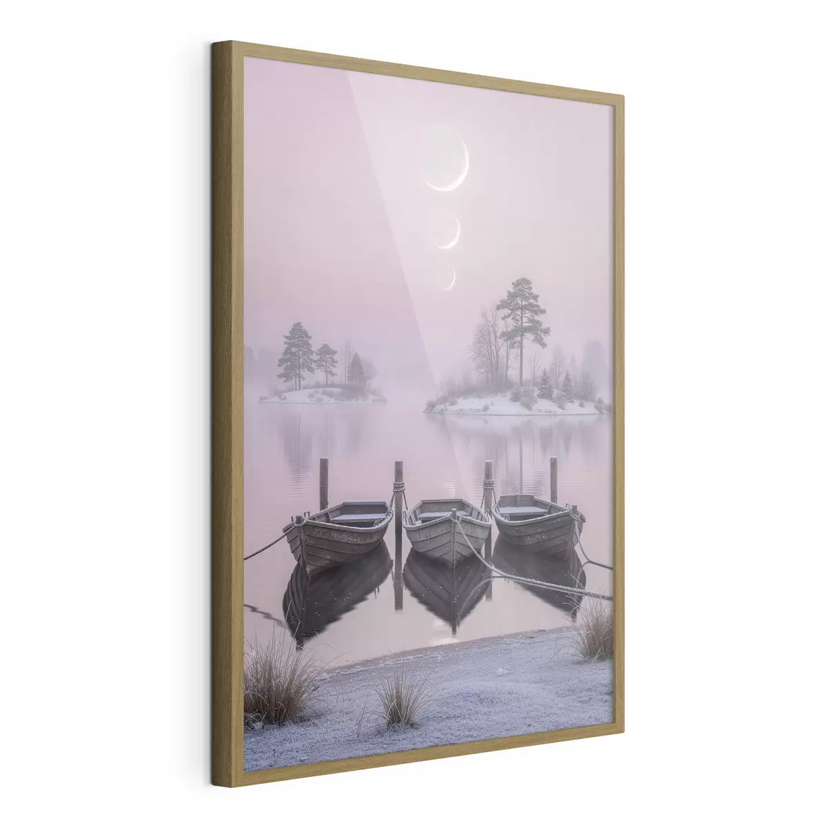 Poster Landschap met een meer, boten en maanfasen in pastelstijl f49724