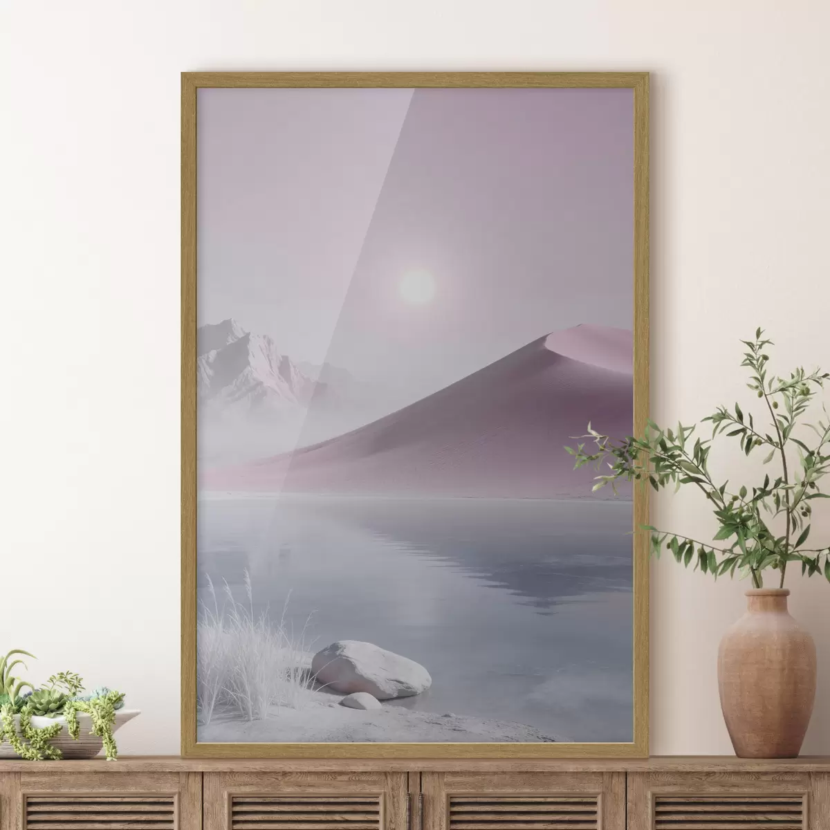 Poster Bergmeer bij een zandheuvel in pasteltinten f49725