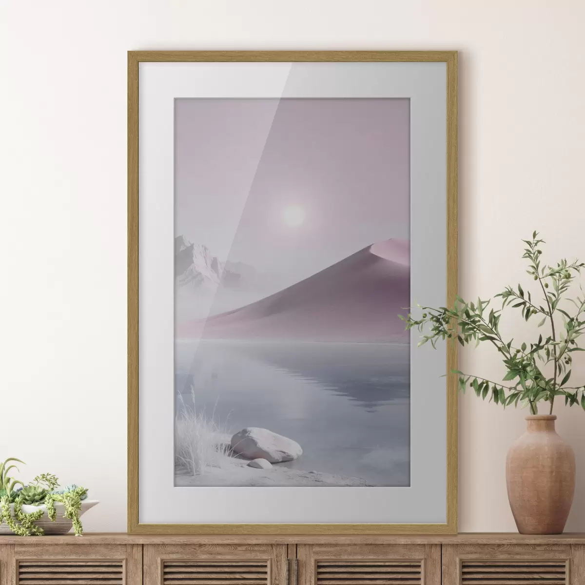 Poster Bergmeer bij een zandheuvel in pasteltinten f49725