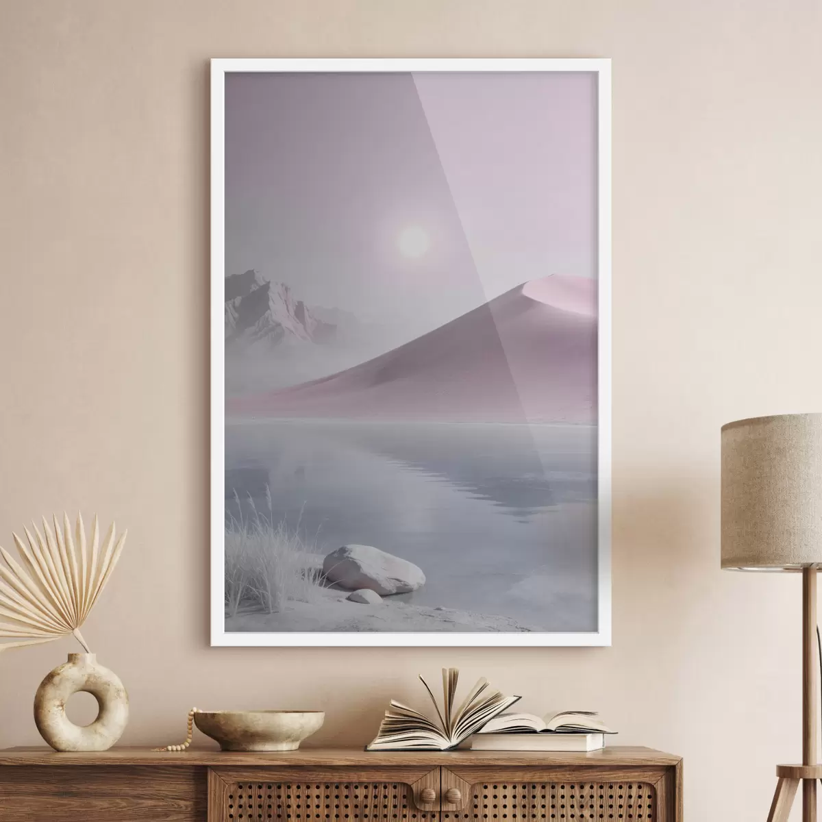 Poster Bergmeer bij een zandheuvel in pasteltinten f49725