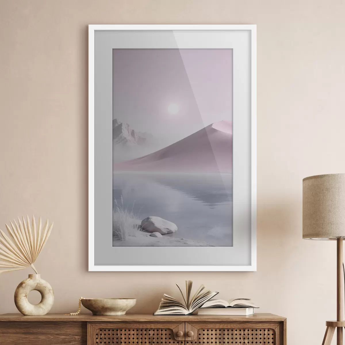 Poster Bergmeer bij een zandheuvel in pasteltinten f49725