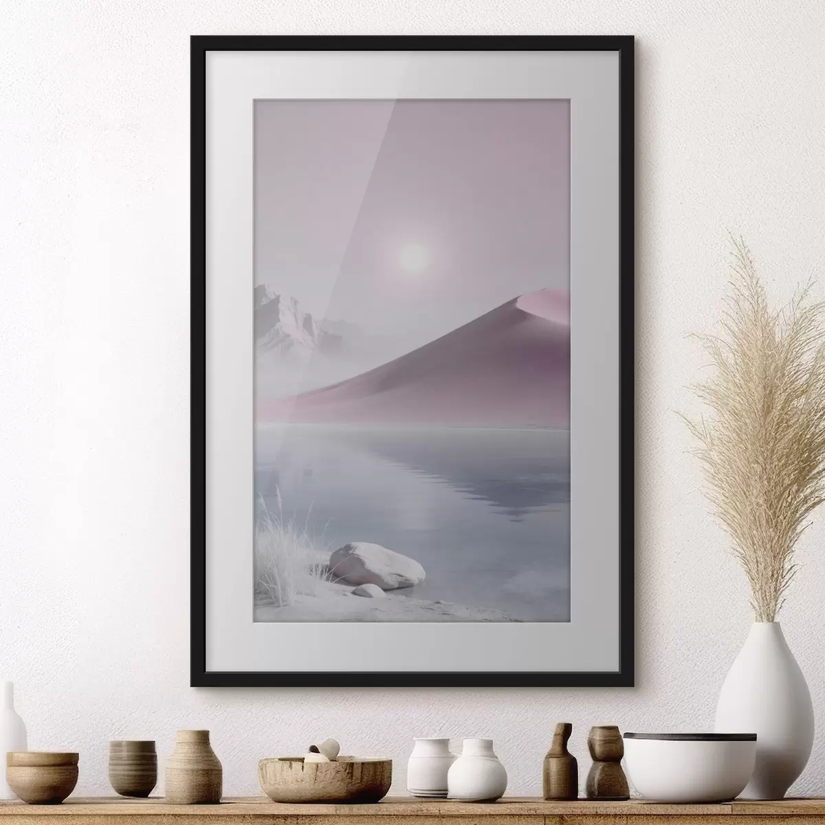 Poster Bergmeer bij een zandheuvel in pasteltinten f49725