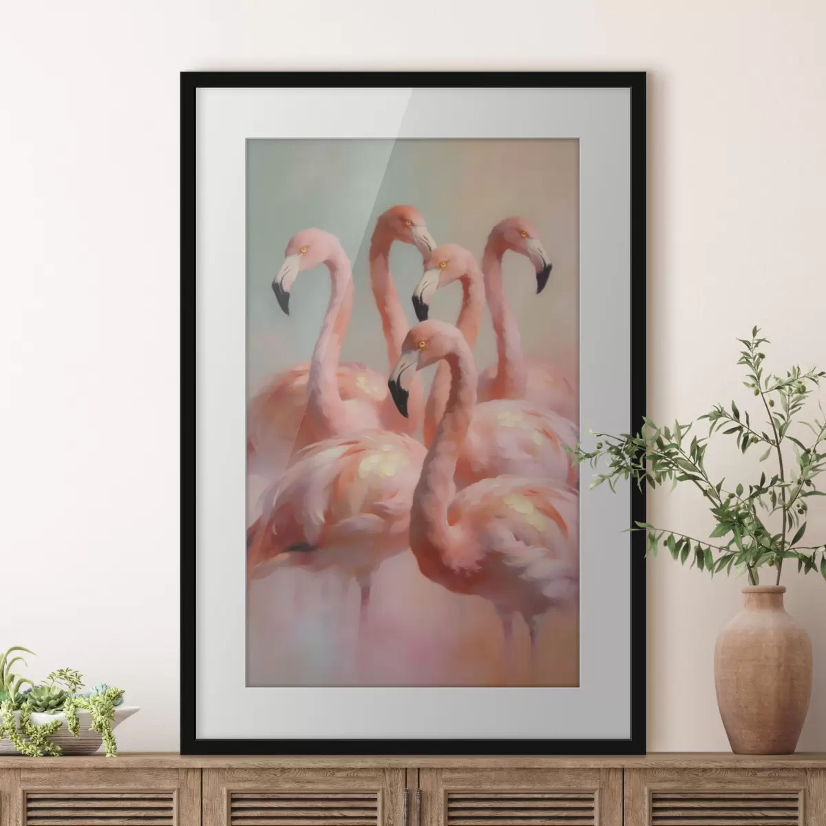 Poster Roze flamingo’s in zachte pasteltinten in olieverfstijl f49726