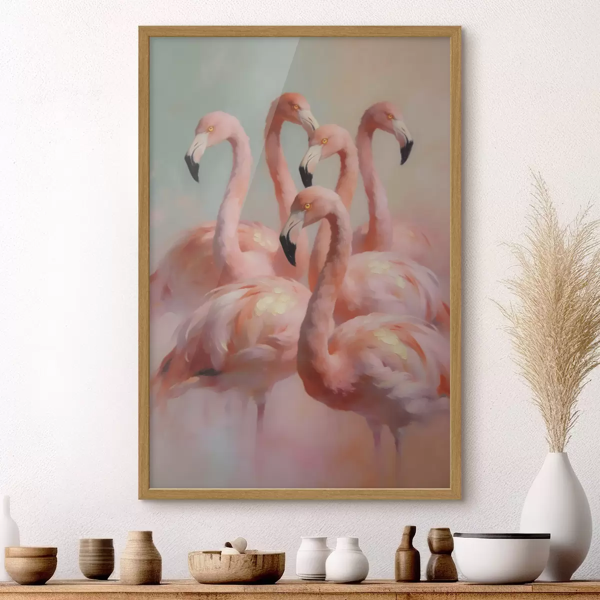 Poster Roze flamingo’s in zachte pasteltinten in olieverfstijl f49726