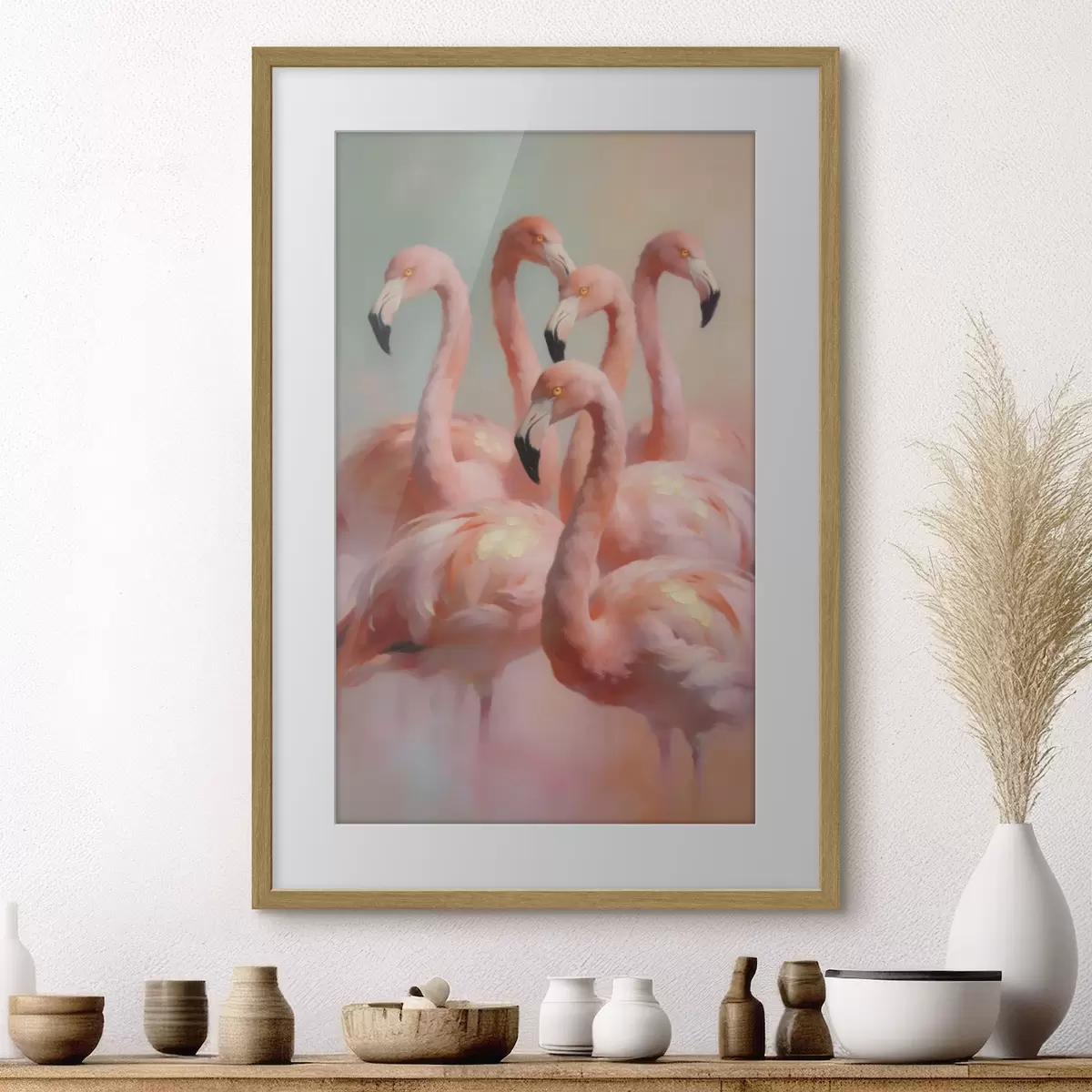 Poster Roze flamingo’s in zachte pasteltinten in olieverfstijl f49726