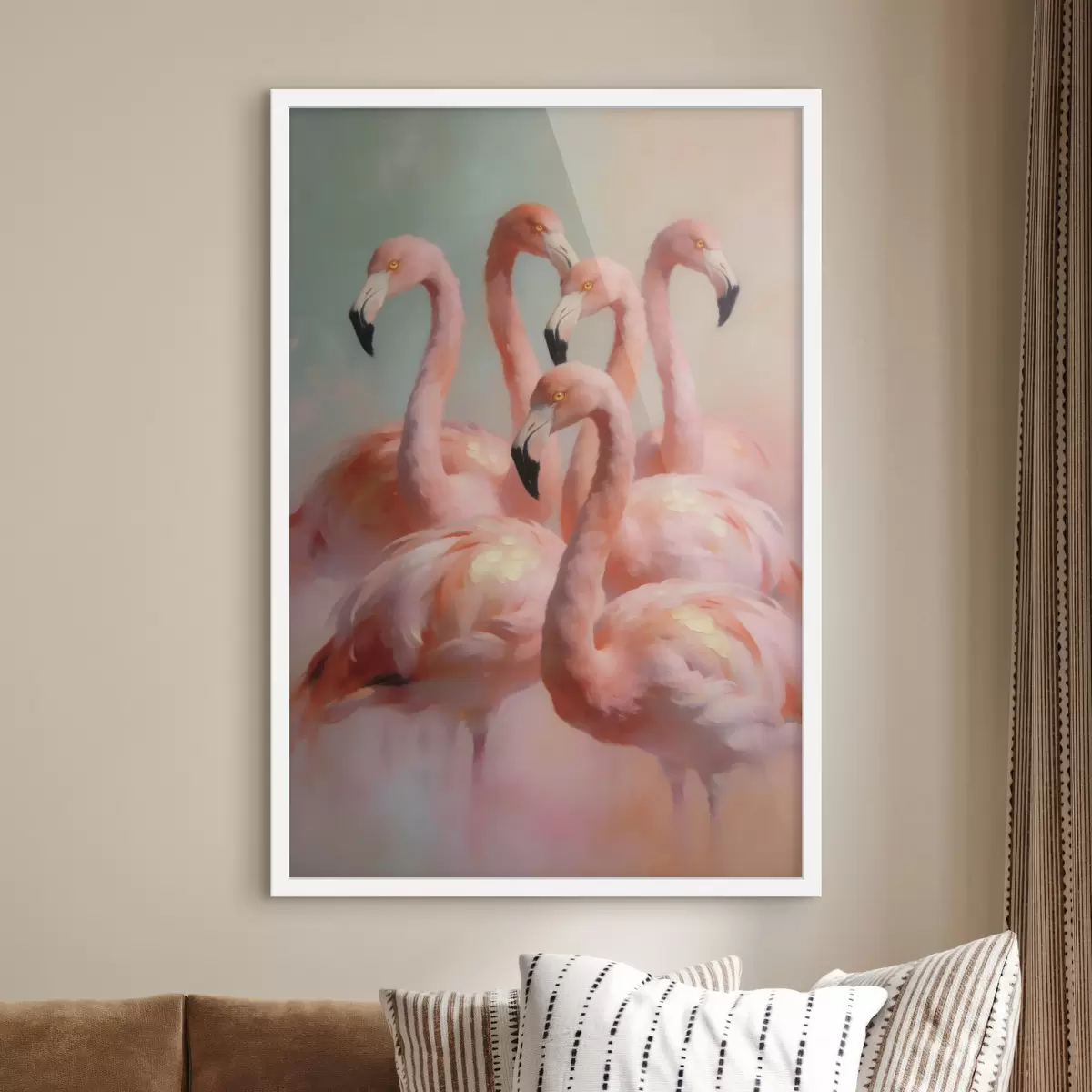 Poster Roze flamingo’s in zachte pasteltinten in olieverfstijl f49726