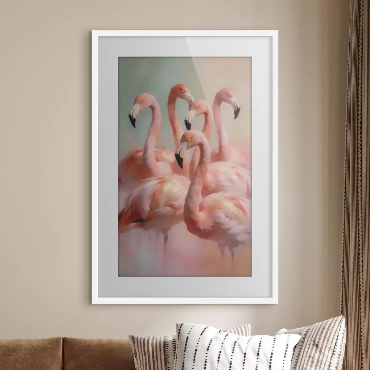 Poster Roze flamingo’s in zachte pasteltinten in olieverfstijl f49726