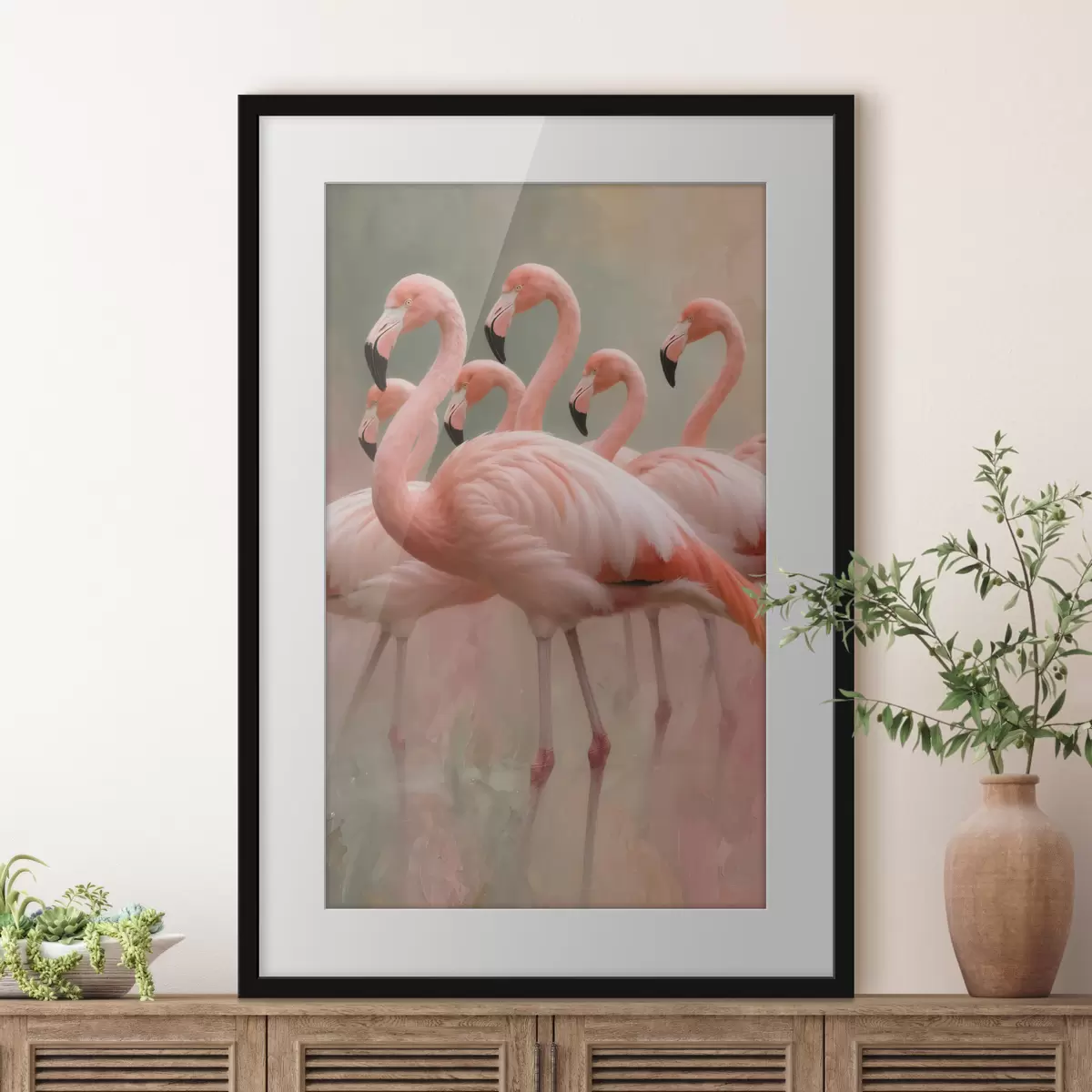 Poster Decoratief portret van een zwerm flamingo’s in een eigentijdse schilderstijl f49727