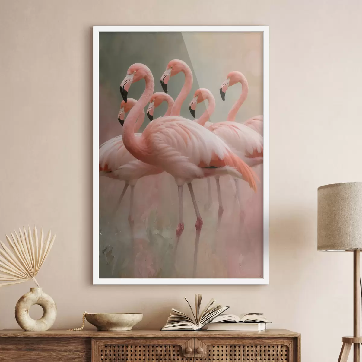 Poster Decoratief portret van een zwerm flamingo’s in een eigentijdse schilderstijl f49727