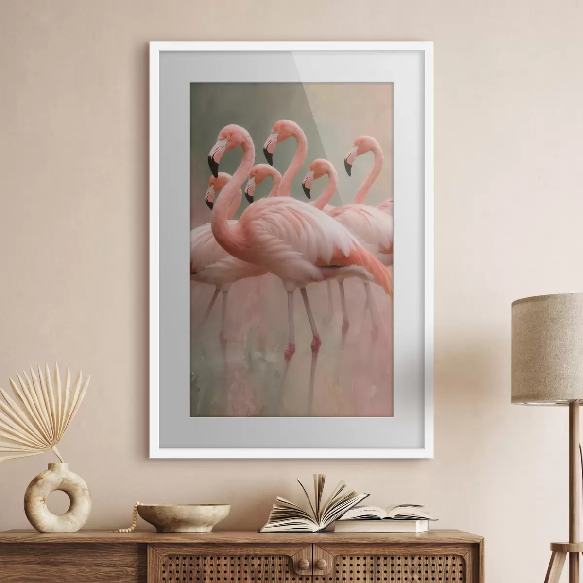 Poster Decoratief portret van een zwerm flamingo’s in een eigentijdse schilderstijl f49727