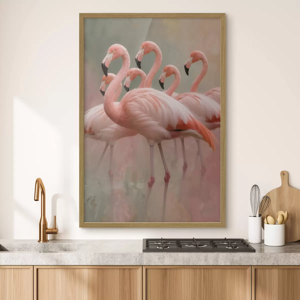 Poster Decoratief portret van een zwerm flamingo’s in een eigentijdse schilderstijl f49727