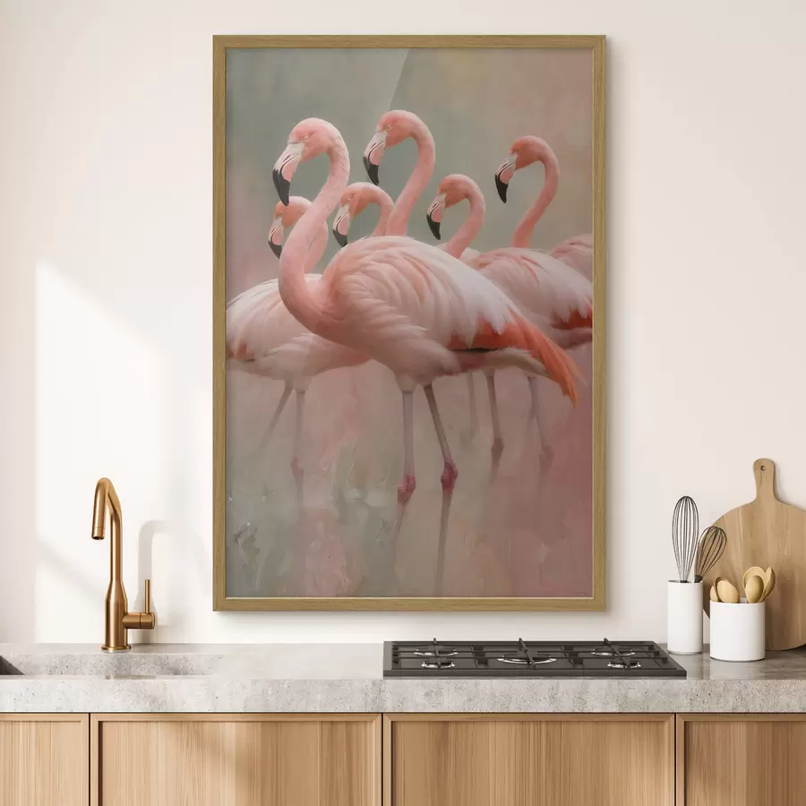Fotobehang Decoratief portret van een zwerm flamingo’s in een eigentijdse schilderstijl f49727