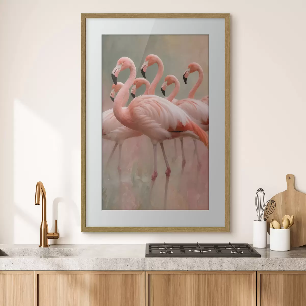 Poster Decoratief portret van een zwerm flamingo’s in een eigentijdse schilderstijl f49727